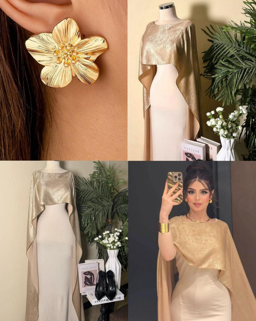 Gold floral earring, gold cape over white dress, and woman wearing gold cape.